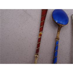 Set of six Danish silver gilt coloured guilloche enamel coffee spoons, each spoon with twist design enamel handle and ball finial, stamped Ela Denmark Sterling, in case