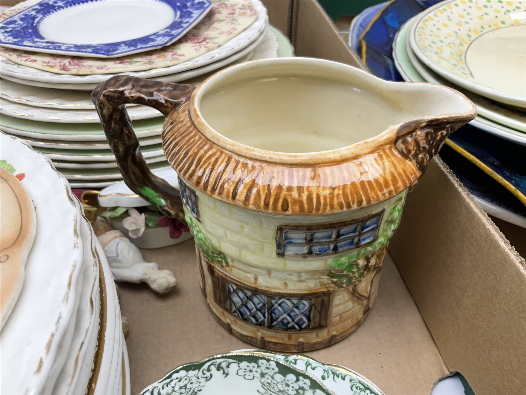 Large quantity of Victorian and later ceramics to include Spode Velamour twin handled vase, Bavaria Schumann Arzberg large circular stand and vase, Beswick Ware,  Spode, blue and white, Hanley and G Meakin, tea wares, figures, West German vase etc in six boxes