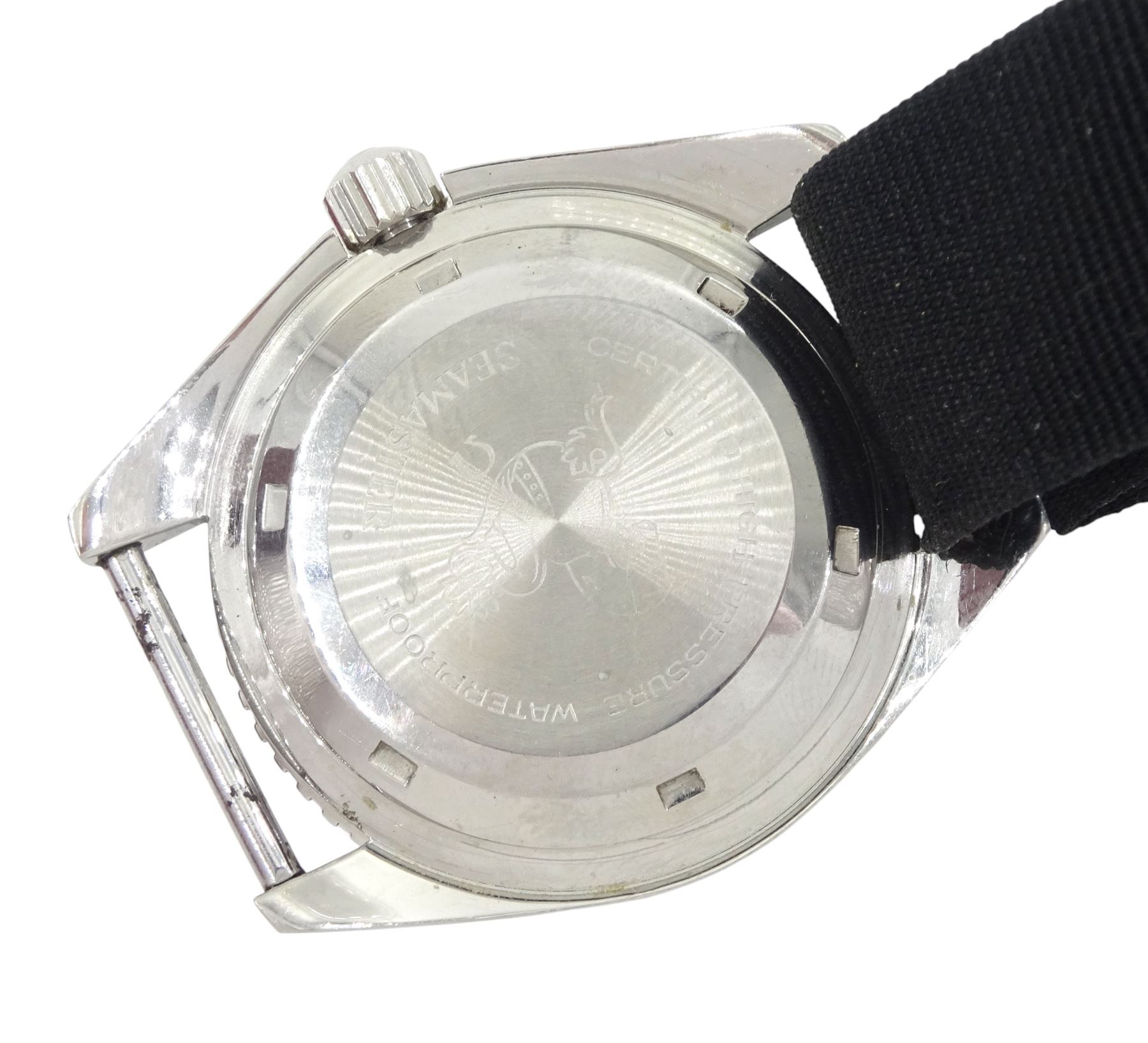 Omega Seamaster 300 gentleman's stainless steel automatic wristwatch, circa 1966, Ref. 165.024, Cal 552, serial No. 23468431, black dial with luminous baton hour markers and Arabic numeral quarters, white outer minute divisions, polished sword hands with luminous inserts, on black fabric strap