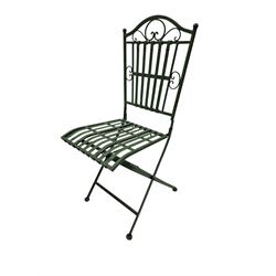 Wrought metal slatted round folding garden table and four chairs in green finish - THIS LOT IS TO BE COLLECTED BY APPOINTMENT FROM DUGGLEBY STORAGE, GREAT HILL, EASTFIELD, SCARBOROUGH, YO11 3TX