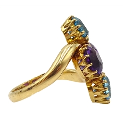  Edwardian 18ct gold four stone blue zircon and amethyst crossover ring, makers mark HPH, Birmingham 1902  
[image code: 4mc]