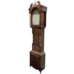 Benjamin Ellis Coates of  Wakefield - mid-19th century oak and mahogany 8-day longcase clock, with a swans neck pediment with brass patera and a ball and eagle finial,  break arch hood door beneath flanked by two square pilasters, trunk with canted corners and a short door, on a tall plinth with a shaped  base and raised panel, painted dial with geometric and floral spandrels and a depiction of a maid bidding farewell to   
 a loved one departing on a sea voyage, with Roman numerals, fifteen minute arabics, subsidiary seconds and date dials and stamped brass hands, dial pinned to a rack striking movement striking the hours on a bell. With weights, key and pendulum.
