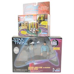 Four Bandai Playmates Star Trek Interspace Mini Playsets, comprising Romulan Warbird, Borg Ship, U.S.S Stargazer Starship and Collector's Edition Personal Communicator collector's no. 059464, together with a Bandai Playmates Star Trek Star Fleet Command International Edition Captain James Kirk Mr Spock In Interphase, all boxed or carded, together with two loose Star Trek figures