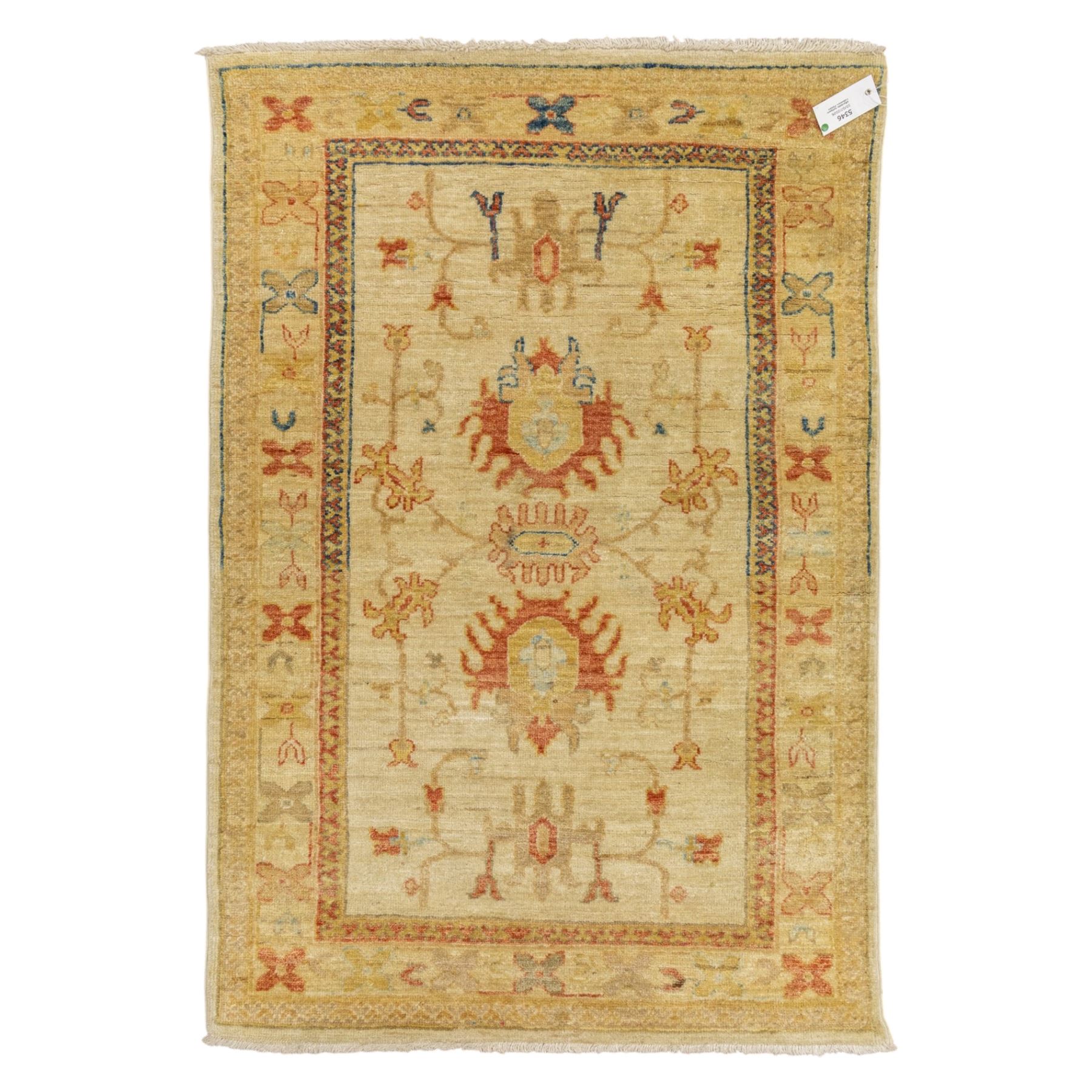 Cream ground prayer rug, with red and blue stylised motifs within a broad floral border, the field with central mihrab-style design in soft red, blue and beige tones