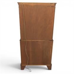 Georgian design mahogany cocktail drinks cabinet, bow fronted with mirrored and maple interior, slide out mirrored serving area, over two drawers and a cabinet below, raised on bracket feet