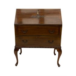 Early to mid 20th century mahogany bureau, fall front with fitted interior, two drawers, on acanthus carved cabriole supports