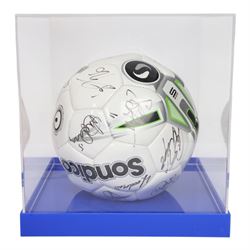 Sondico football signed at the Den by the Millwall football team December 2012, contained within a Perspex display case
