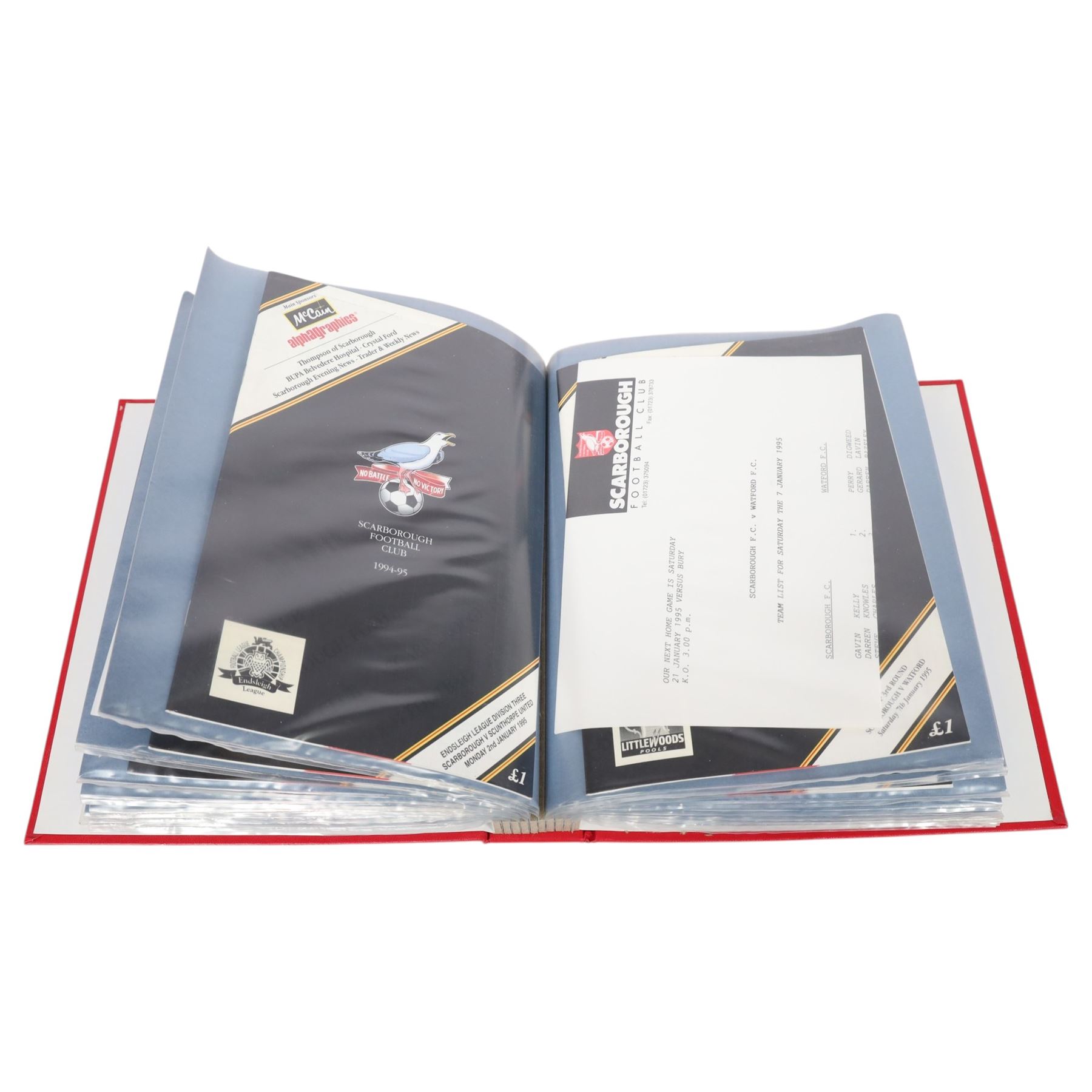 Comprehensive collection of approximately one-hundred and seventy Scarborough FC football programmes for the 1993/94, 1994/95 and 1995/96 seasons, all filed within six dedicated Scarborough FC red Home and Away binders
