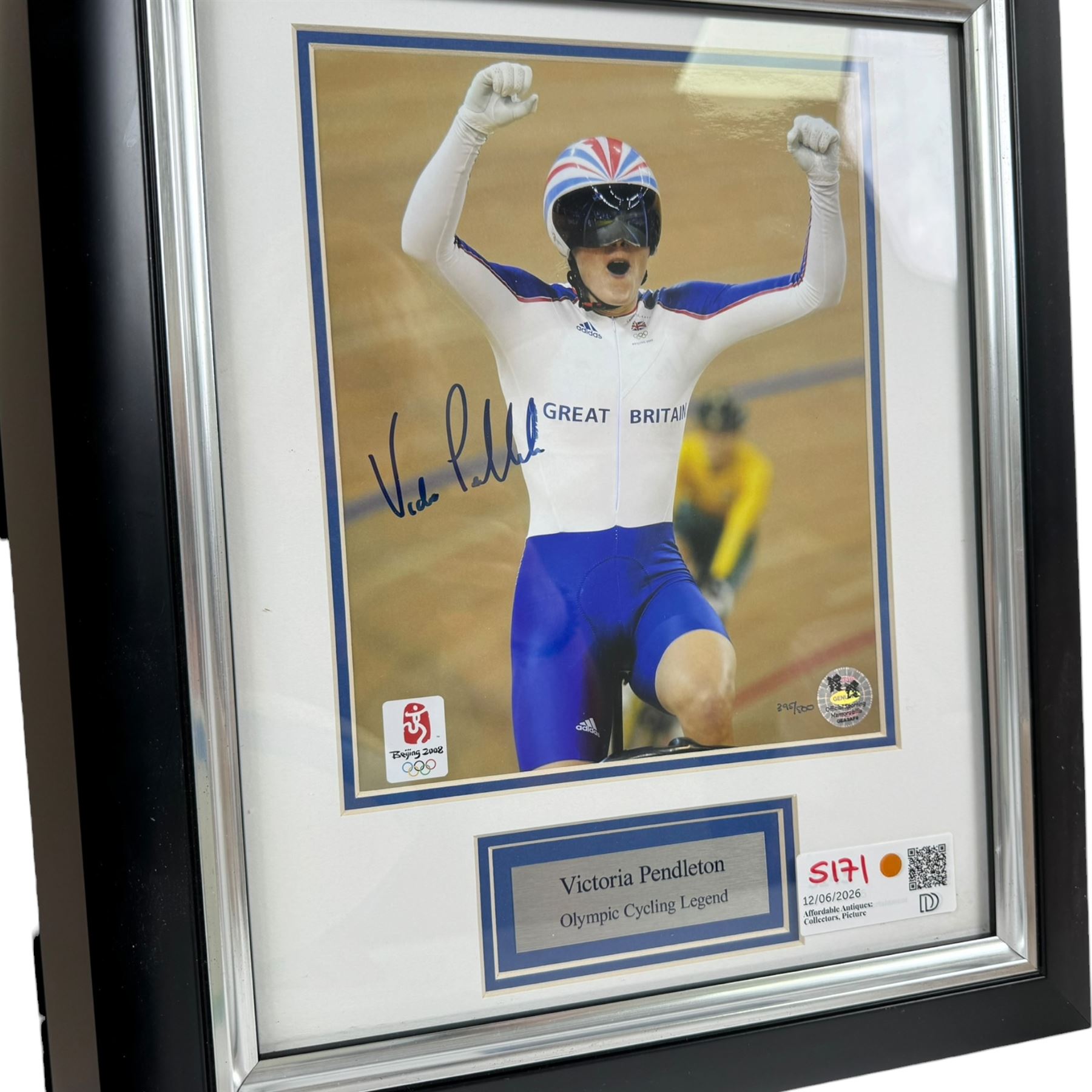 2016 Rio Olympics match used rugby ball, Women's Pool Round Canada vs Great Britain, with authenticity hologram and acrylic display stand, together with two limited edition signed London 2012 Olympic colour photographs, the first depicting Jessica Ennis crossing the finish line, with her signature in black marker pen, the second depicting Victoria Pendleton in celebration, with her signature to the left hand side in black marker pen, both with 2012 Olympic Memorabilia authenticity holograms, largest frame H60cm