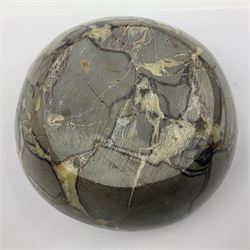 Polished septarian bowl, with a calcite and siderite within limestone rock, D16cm H8cm
