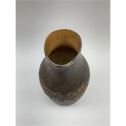 A Doulton Lambeth stoneware jug, with silver mounted collar, hallmarks rubbed, maker's mark probably Cornelius Desormeaux Saunders & James Francis Hollings (Frank) Shepherd, the leather effect body titled 'Drinke Faire Don't Sware', with impressed marks beneath including 'Manufactured for Sidney W Allen 39 White Rock Hastings', H18.5cm. 