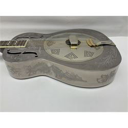 Ozark metal cased resonator guitar with all over chased foliate decoration to the polished finish and mother-of-pearl inlay to the fretboard L100cm; in Stagg hard carrying case