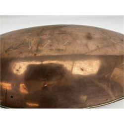 Victorian copper carriage foot warmer of flattened oval form with two carrying handles, L70cm