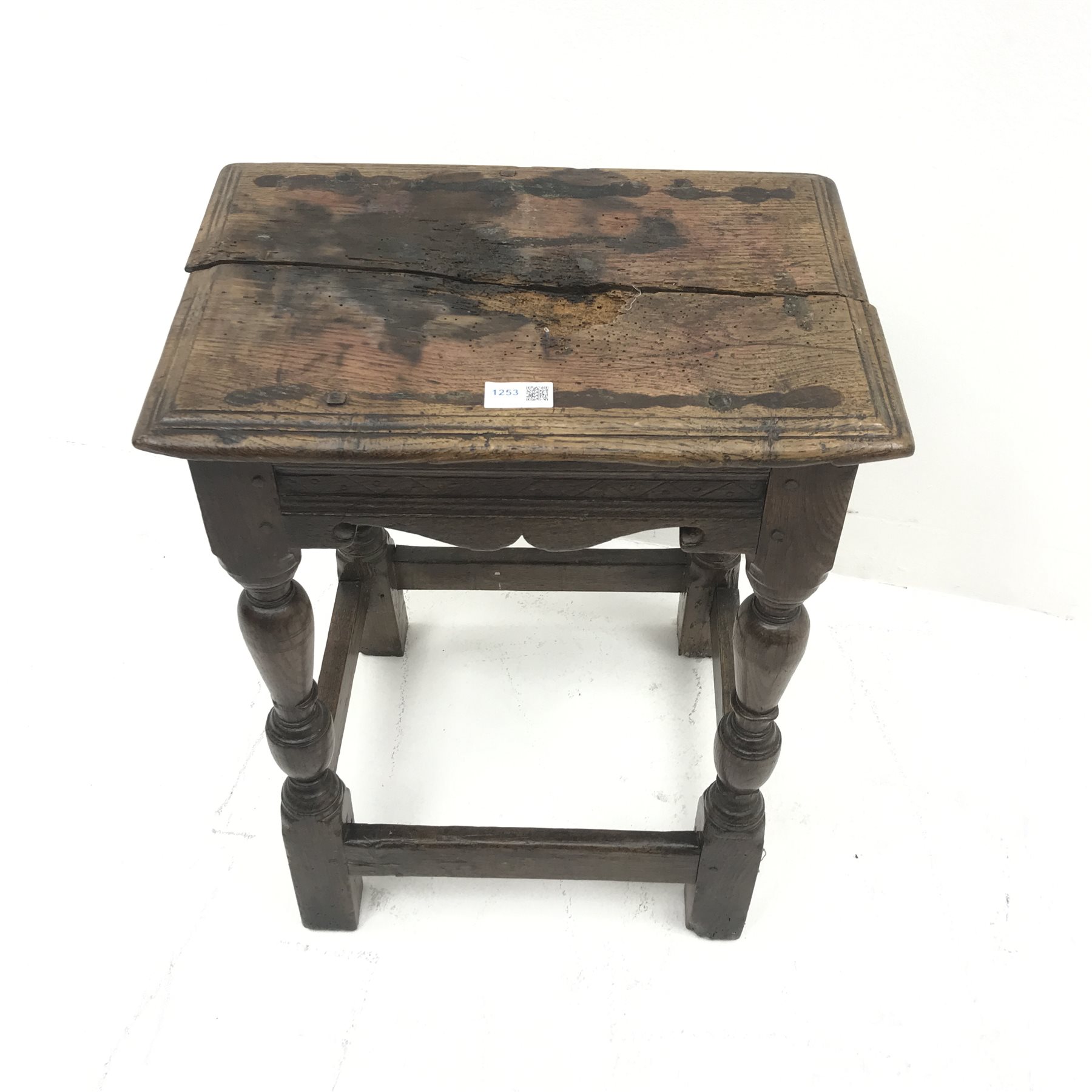 18th/19th century oak coffin stool, carved and shaped rails, outsplayed baluster supports joined by stretchers, W43cm, H58cm, D34cm