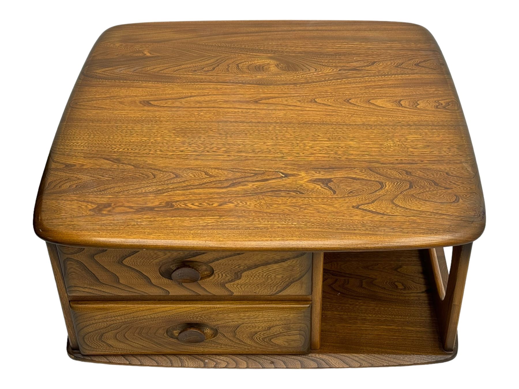 Lucian Ercolani for Ercol - elm 'Pandora's Box' coffee table, square top with rounded corners over two drawers with sculpted recessed pulls, open sides supporting undertier, on castors 