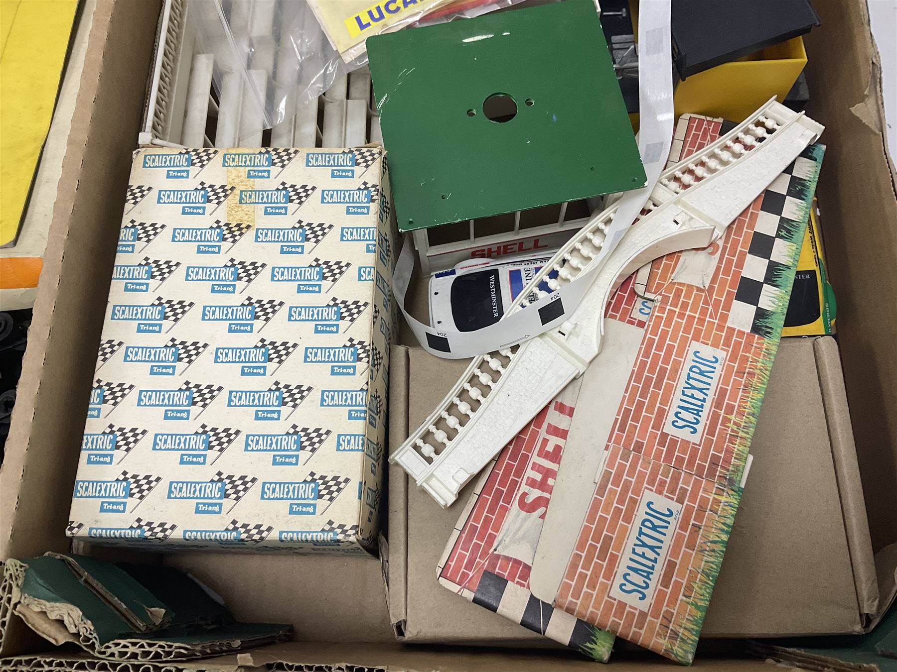 Scalextric - large collection of cars, track accessories and figures, in four boxes 