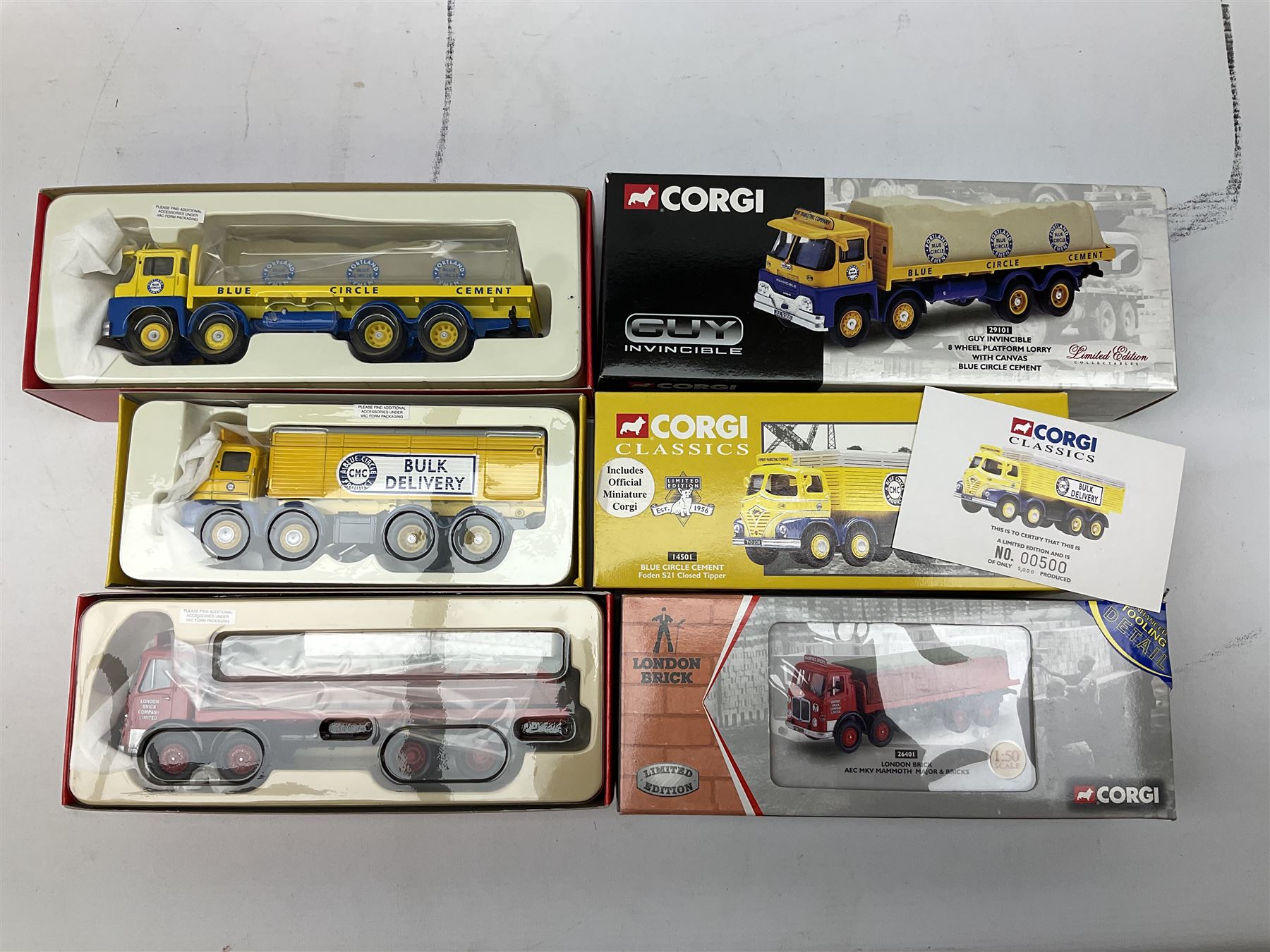 Corgi - nine die-cast commercial vehicles comprising four Building Britain Series 14401, 14501, 13905 and 24502; London Brick Company 26401; three Guy lorries 29001, 29101 & 29401; and BRS Tipper 10201; most limited editions; all boxed (9)
