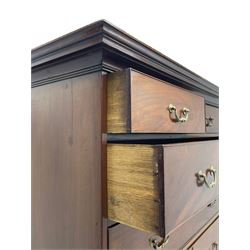 George III figured mahogany chest-on-chest, projecting moulded cornice over two short and six long graduating cock-beaded drawers, on bracket feet