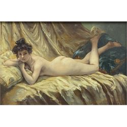 M Hernandez (French School 20th century): Nude Portrait of a Reclining Rococo Woman, oil on board signed 18cm x 27cm