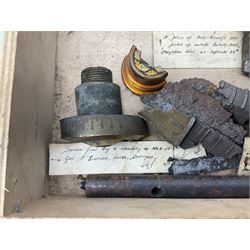 Small collection of WW2 shrapnel and German and British shell parts, most with manuscript details of where and when found including London, Leeds, Bristol, Linton-on-Ouse etc