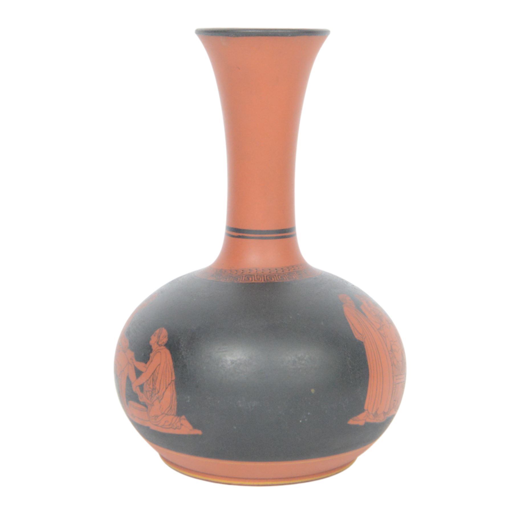 Bishops Waltham vase, of squat baluster form with elongated fluted rim, decorated with classical figures and Greek key banding, H21cm