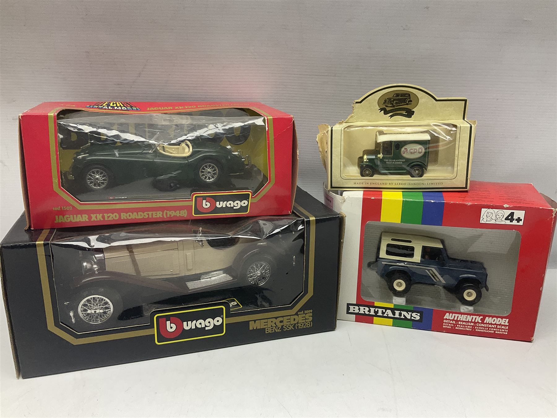 Boxed Bburago Jaguar XK 120 Roaster and Mercedes Benz SSK, together with other die-cast and model cars etc