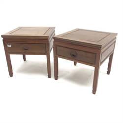 Pair Chinese rosewood lamp tables, single drawer, square supports on spade feet, W51cm, H52cm, D51cm