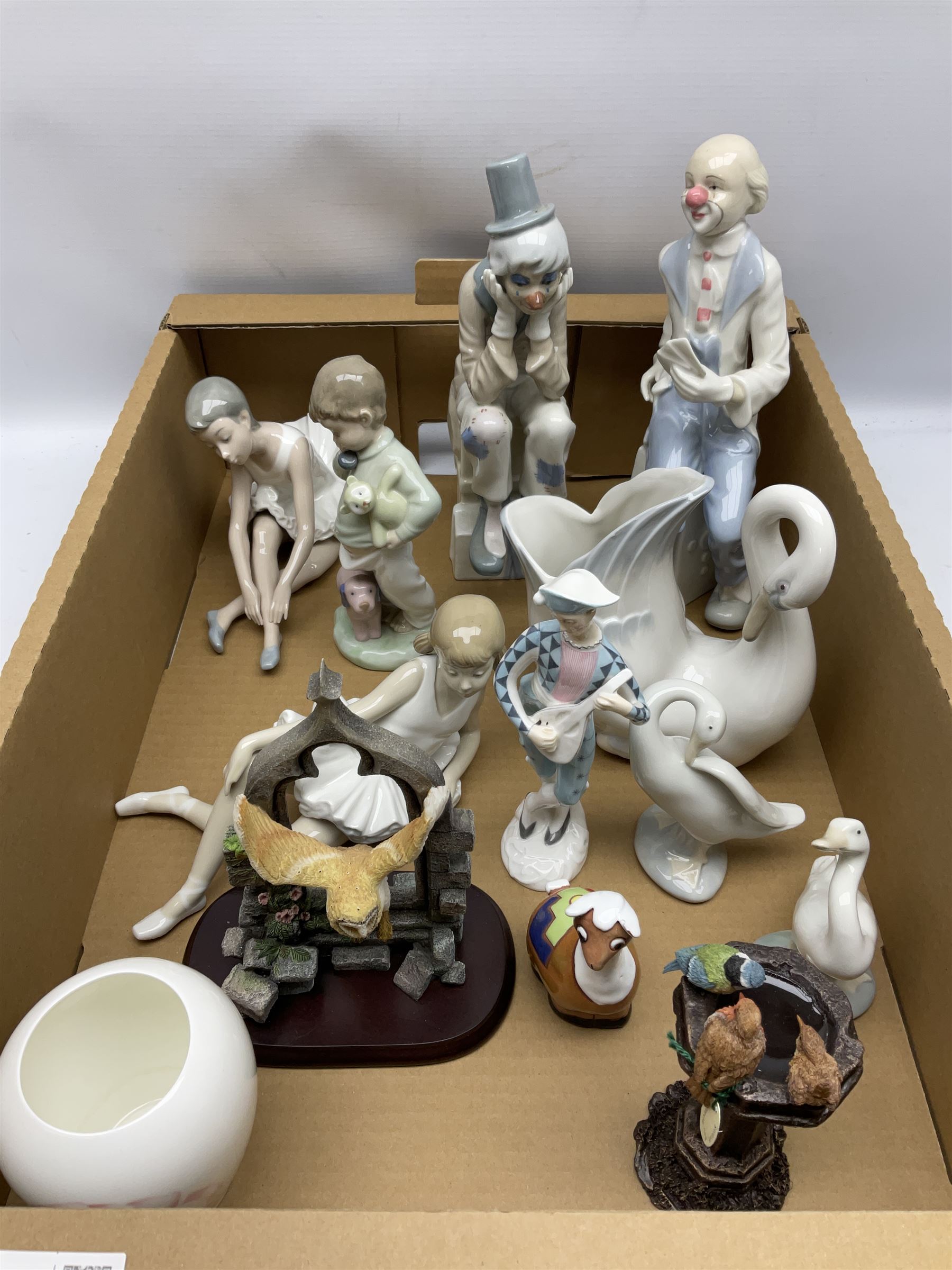 Three clown figures comprising Royal Doulton 'Harlequin', Cascade and  Porceval examples, Nao swan vase and three figures, two Lladro geese, etc -  Collectors & Clearance Sale