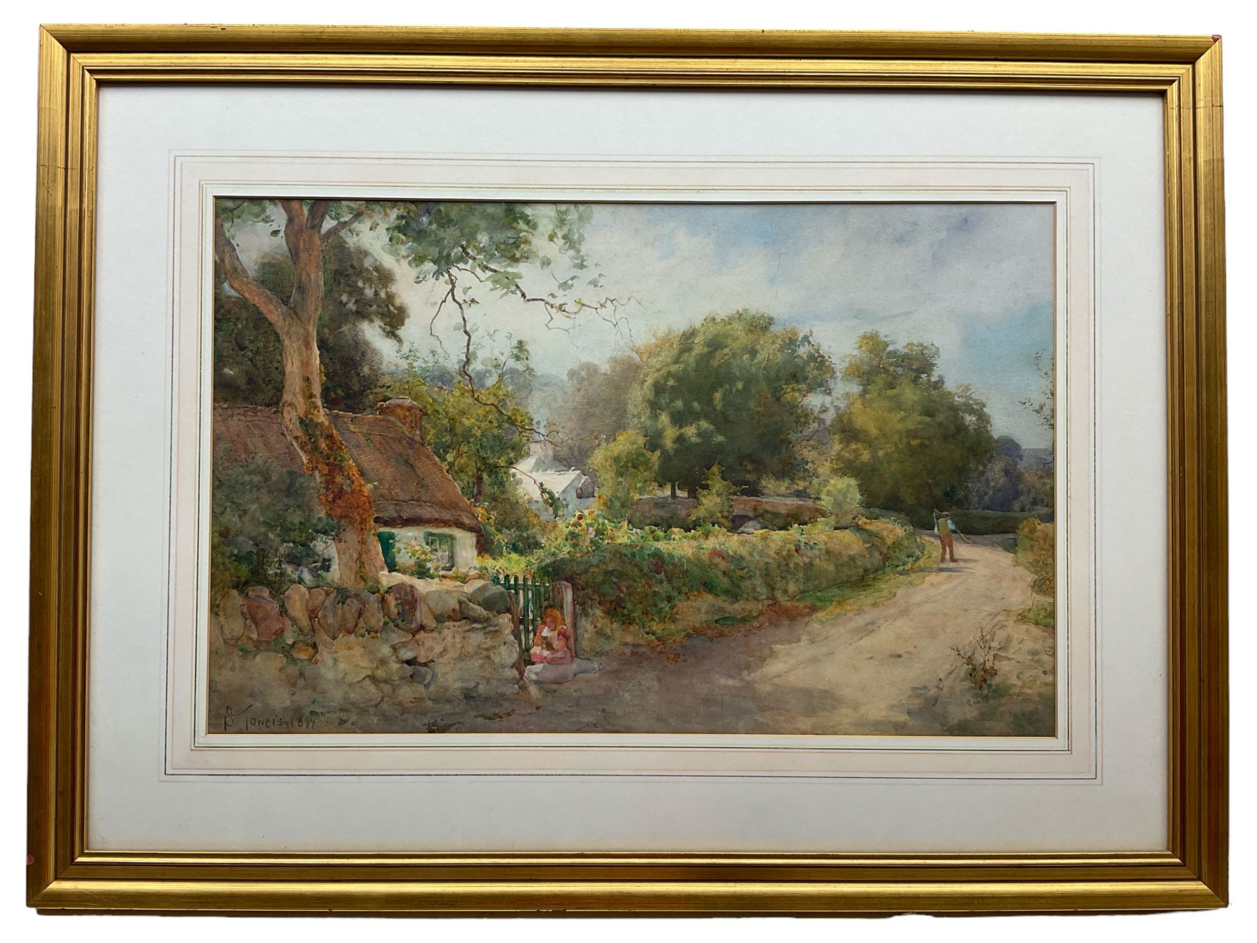 Samuel Towers (British 1862-1943): Girl with Kitten by Country Cottage, watercolour signed and dated 1899, 37cm x 58cm