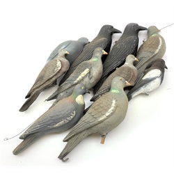 Three die-cast half body decoy pigeons L36cm and a similar tin-plate; together with fourteen plastic decoy pigeons, crows and magpie by Sport Plast, Flexico (Decoys) Ltd etc including one in flight with articulated wings (18)