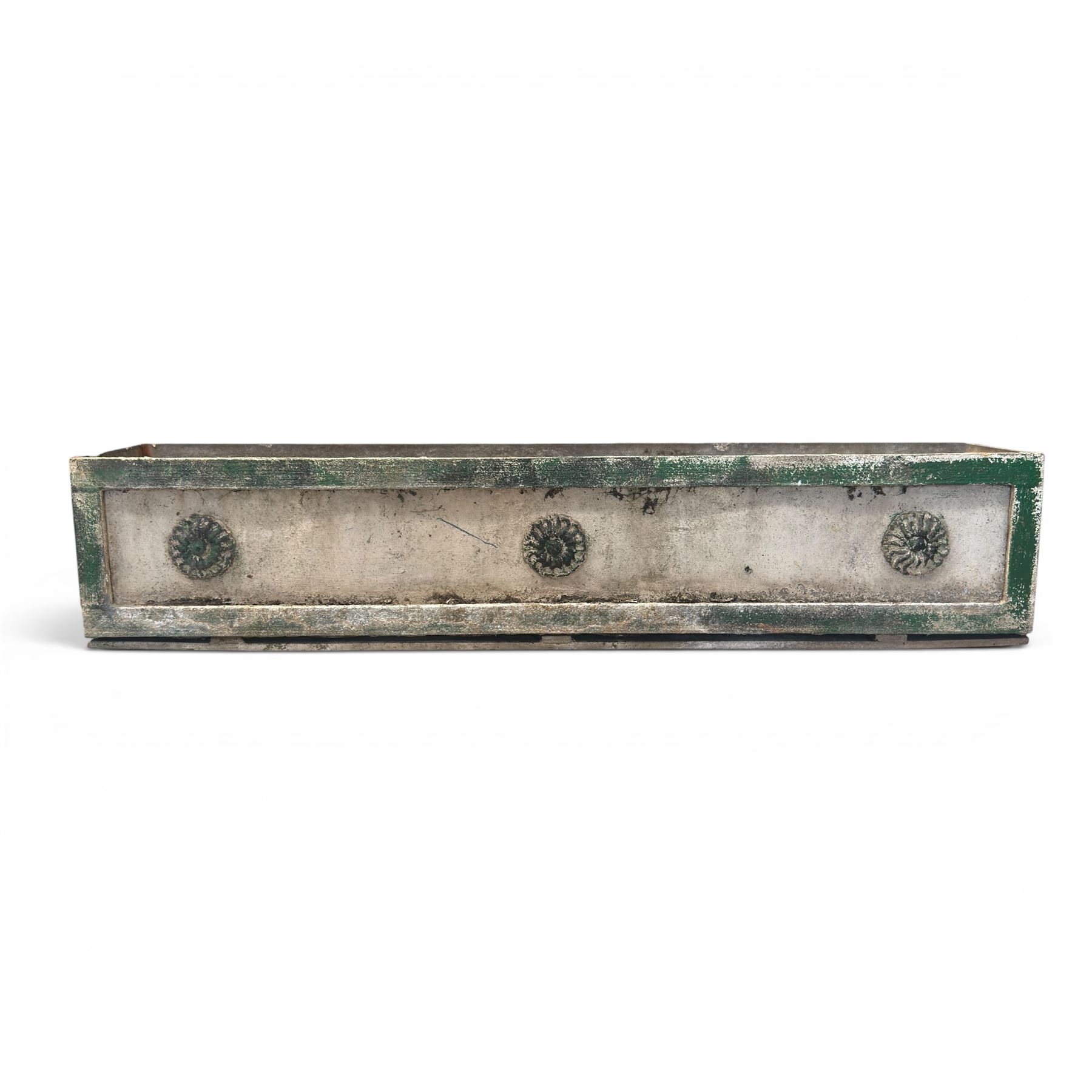 Early Victorian lead-fronted window box planter, of rectangular form with moulded borders and three applied flowerhead roundels, in distressed green finish