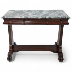 19th century mahogany side table, moulded rectangular top with simulated marble finish, ogee moulded frieze fitted with two drawers, rectangular and supports on scroll carved feet united by flat stretcher 