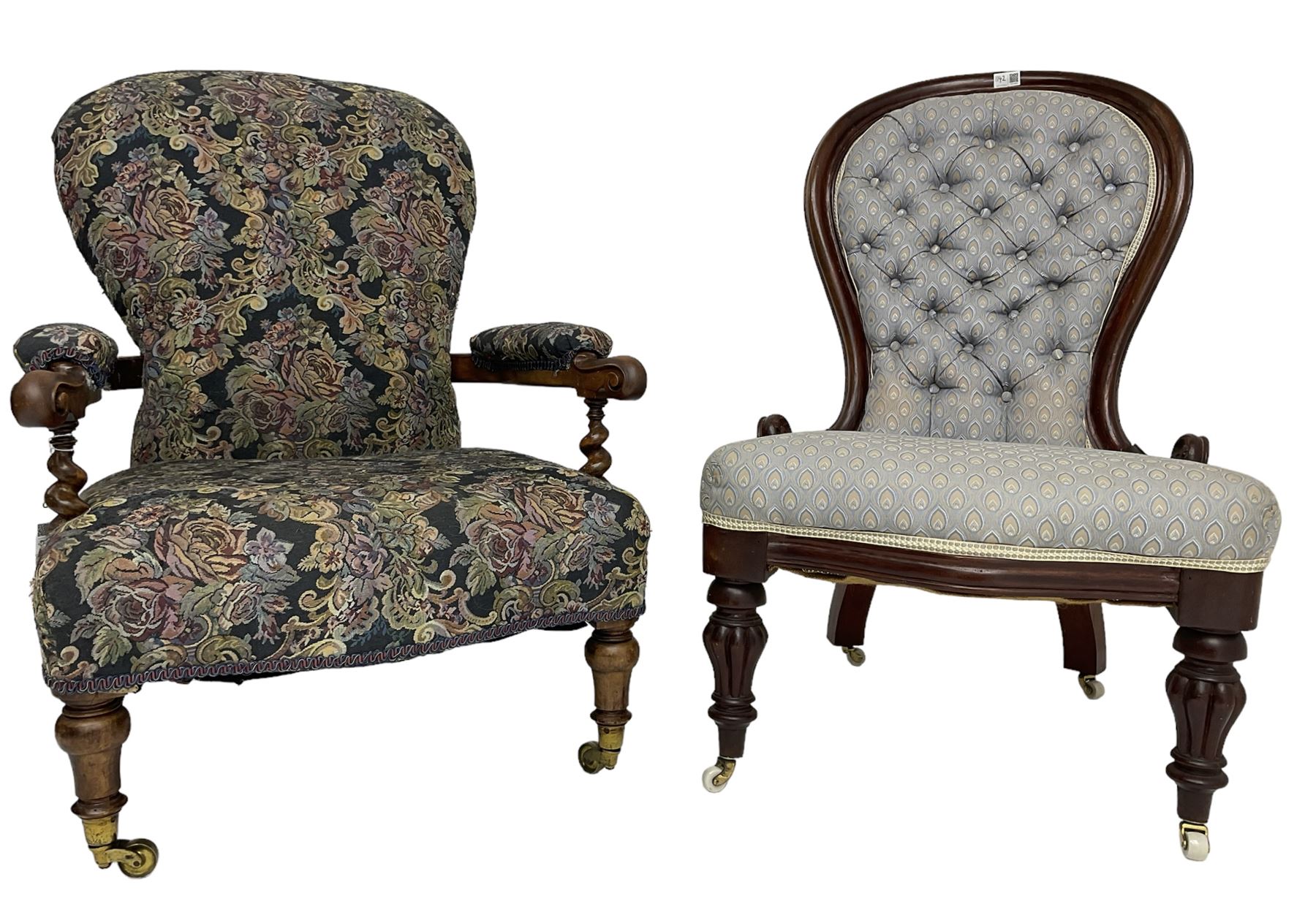 Victorian walnut framed open armchair, scrolled arm terminals over spiral turned arm supports, upholstered in foliate patterned fabric with sprung seat, on turned supports and brass castors (W65cm H92cm); and Victorian mahogany nursing chair with lobe carved supports (W60cm H92cm)