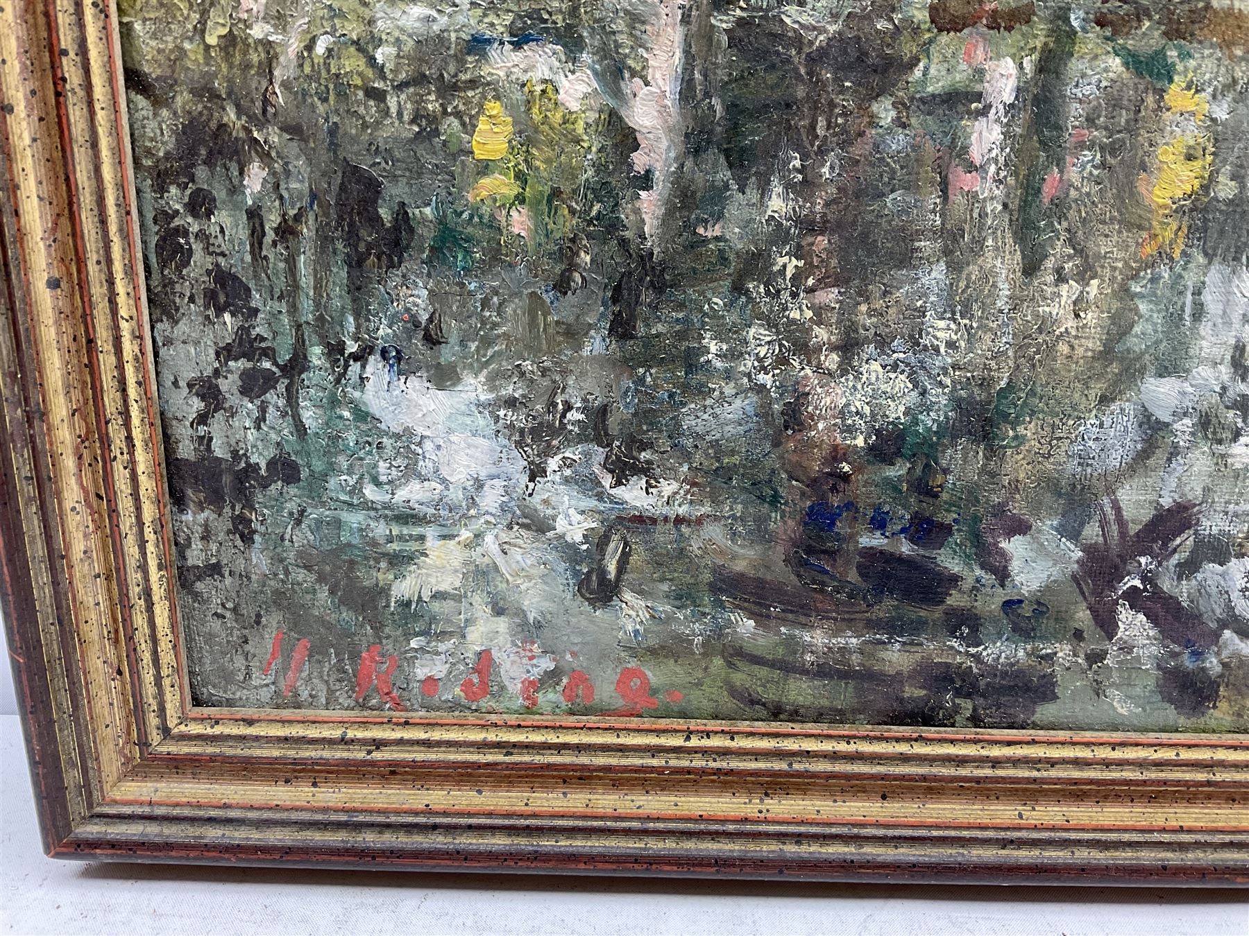 Harold Lawson Riding RCA (British 1886-1981): 'Spring Time in the Gardens', oil on board signed, titled verso 44cm x 63cm