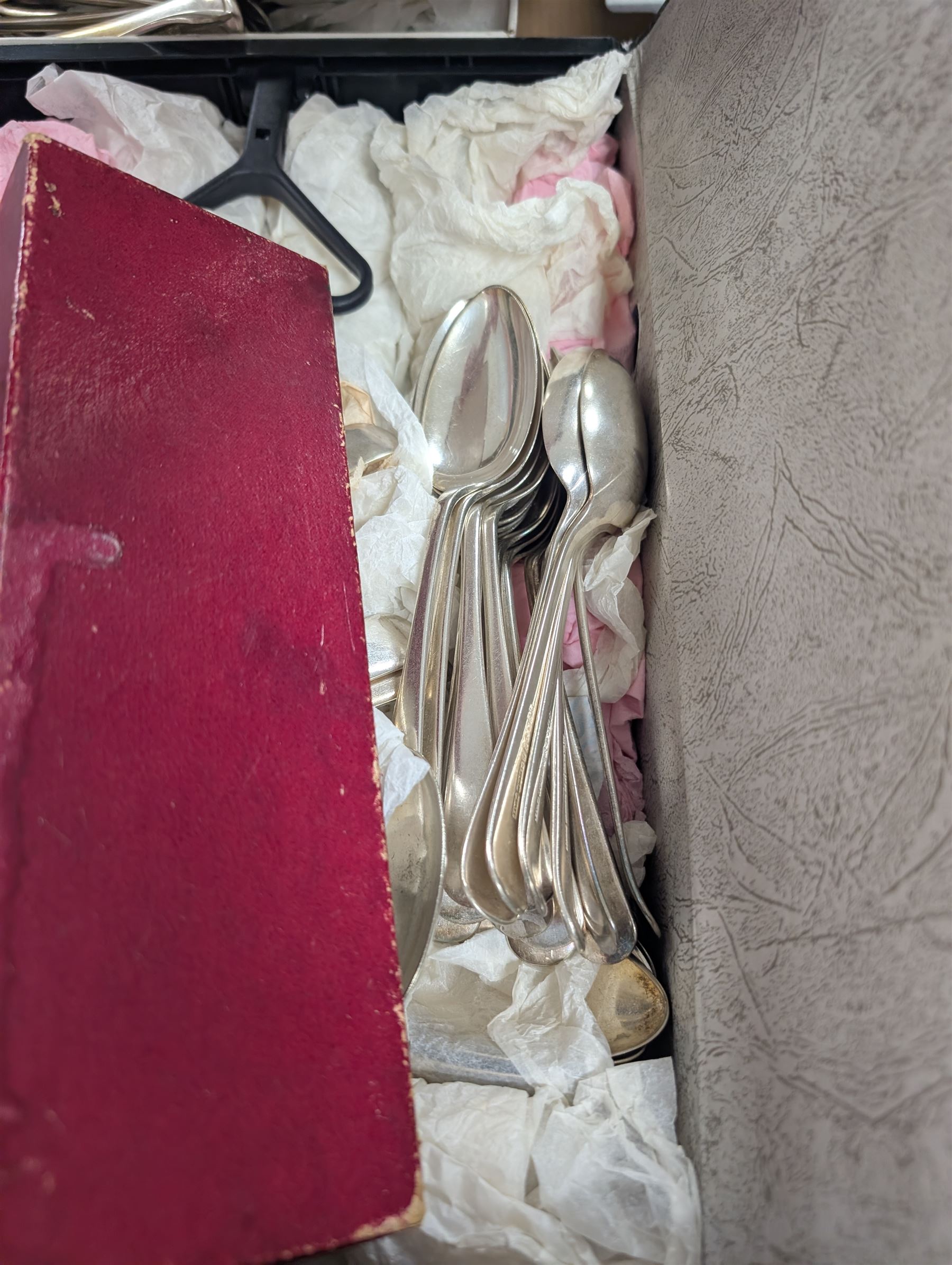 Collection of EPNS cutlery, including soup spoons, fish servers, butter knives, forks etc