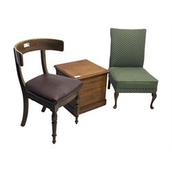 Late 19th century elm hall chair, curved backrest with leather upholstered seat, on turned supports (H81cm, W51cm), early 20th century mahogany commode, hinged lid opening to ceramic liner (H44cm, W47cm, D44cm), late Victorian upholstered nursing chair in green patterned fabric (H79cm, W49cm)