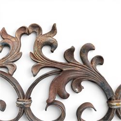 Victorian wrought iron vineyard gate, with ornate scrollwork and foliate acanthus leaf decoration, shaped cresting and central decorative panel, finished in rustic black painted finish