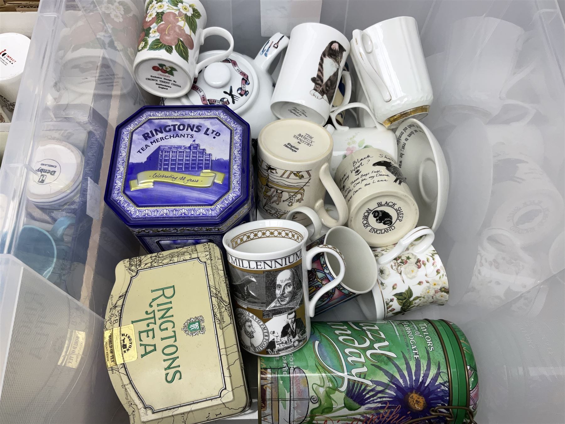 Large collection of ceramics to include God Speed the Plough loving cup, Denby, Coalport, Portmeirion, quantity of mugs etc in four boxes