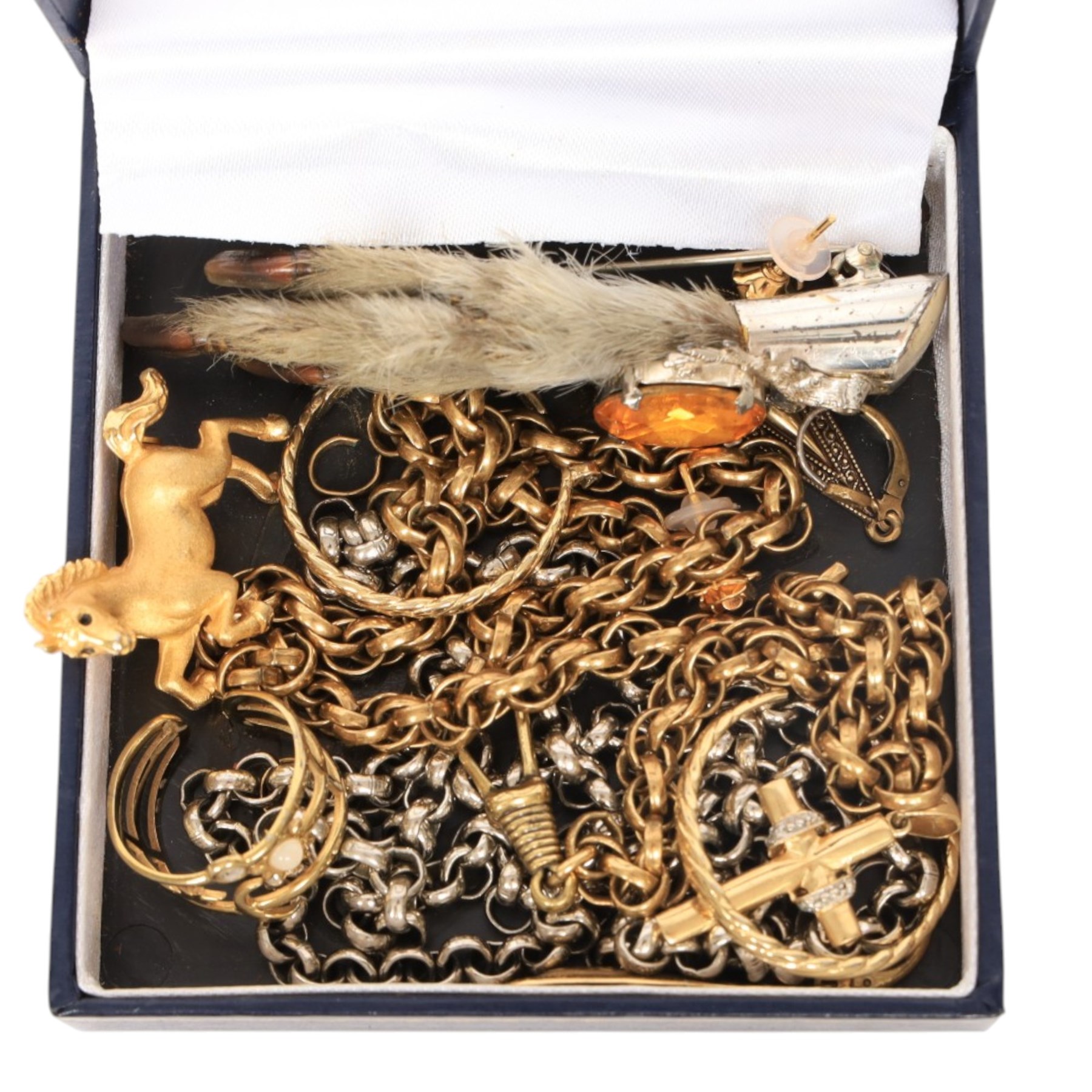 9ct gold cross set with diamond chips, stamped 9K, together with costume jewellery, including horse brooch, chains, earrings, etc