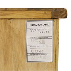 Pair of solid light oak bedside chests, rectangular top over three graduating drawers with metal handles and plates, on square feet