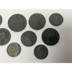Charles I 1674 farthing, George I 1717 halfpenny, George II 1739 halfpenny, three George III 1797 cartwheel penny coins, and further George III, George IIII and Victoria coins (28)