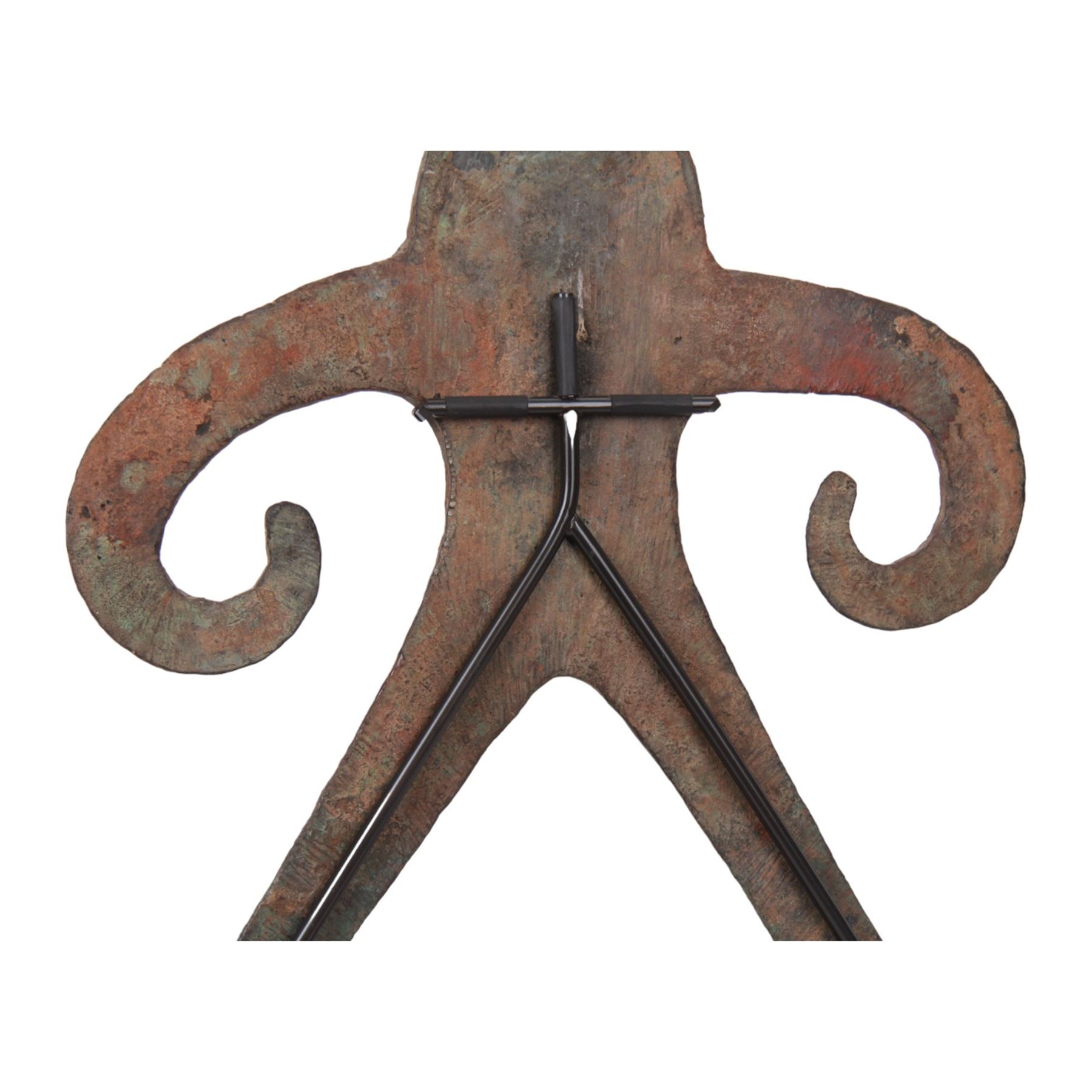 Indian copper anthropomorphic figure, of flat stylised form, with long scrolling arms, outstretched legs and hemispherical head, upon a metal rectangular base, overall H50cm