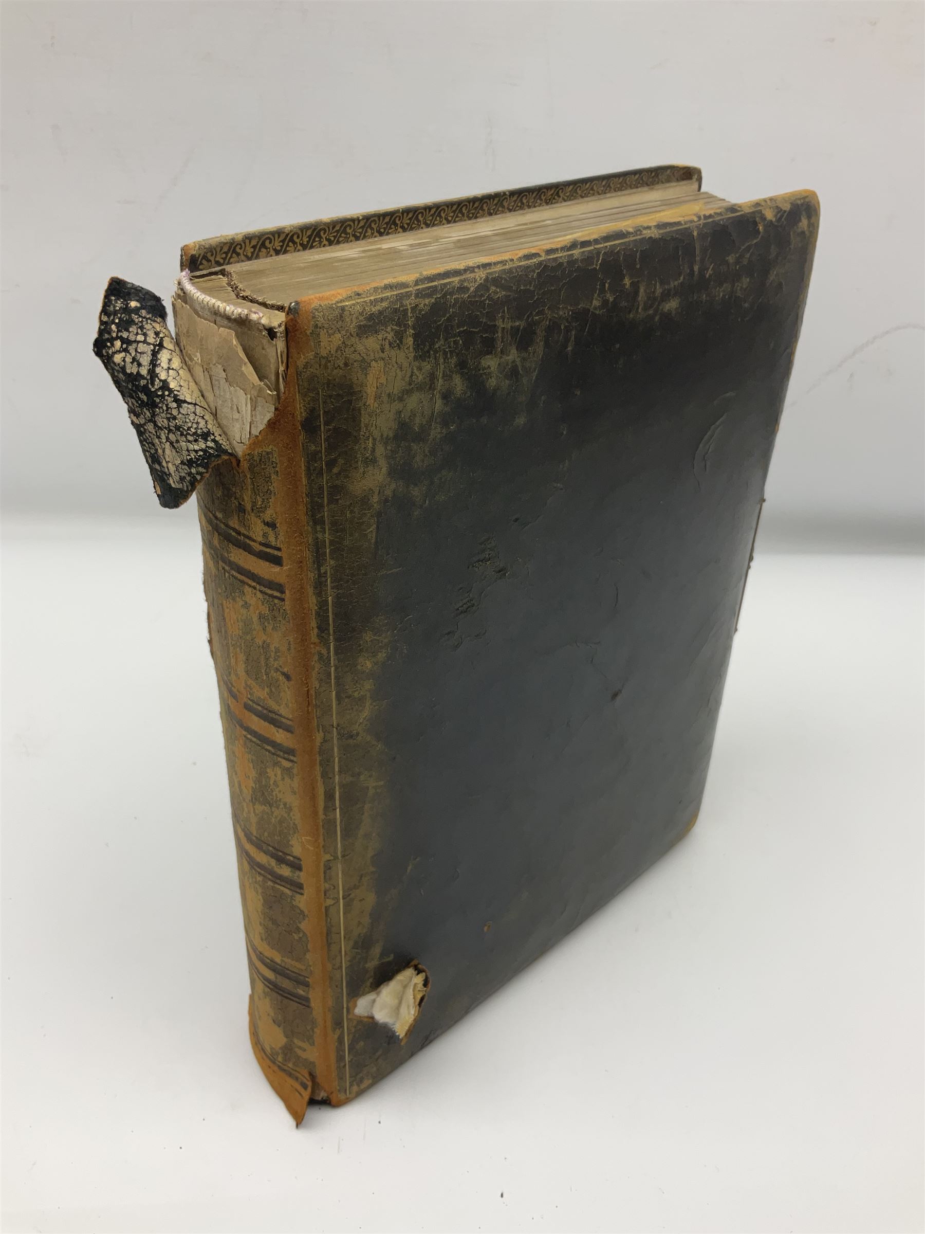  Victorian leather bound photo album, the interior leaves containing apertures of various sizes and shapes of portraits surrounded by printed floral designs, with brass clasp and painted gold decoration to edges, H30cm