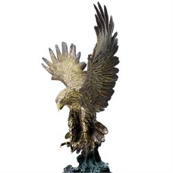 After Jules Moigniez - bronze figure of an eagle poised to attack, upon green marble base, overall H50cm