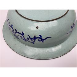 18th/19th century Chinese Canton enamel basin, the circular basin with flat everted rim, decorated with scrolling foliate and fruit decoration on a blue ground, D43cm