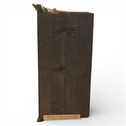 George III oak and mahogany wall hanging cylinder corner cupboard, moulded cavetto cornice over double cupboard enclosing three shelves