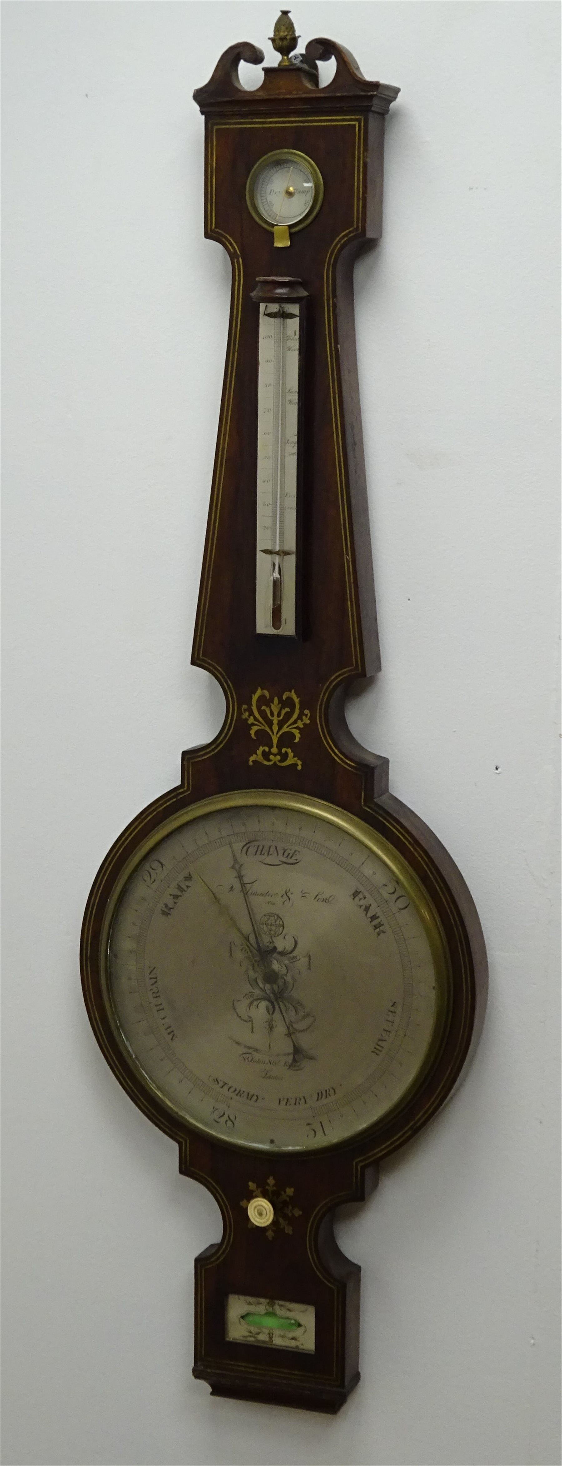 19th century rosewood mercury four dial barometer, swan neck pediment