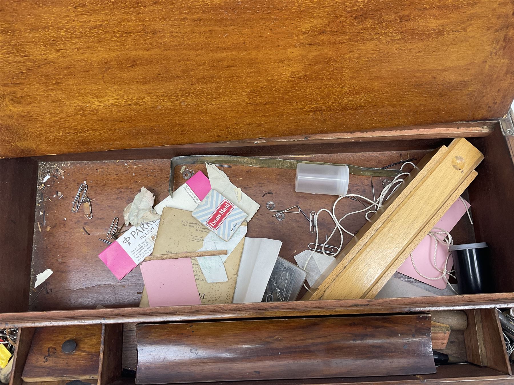 Mahogany brass bound writing box for restoration, the hinged lid lifting to reveal compartmented interior with folding slope, W50cm D25cm H18cm