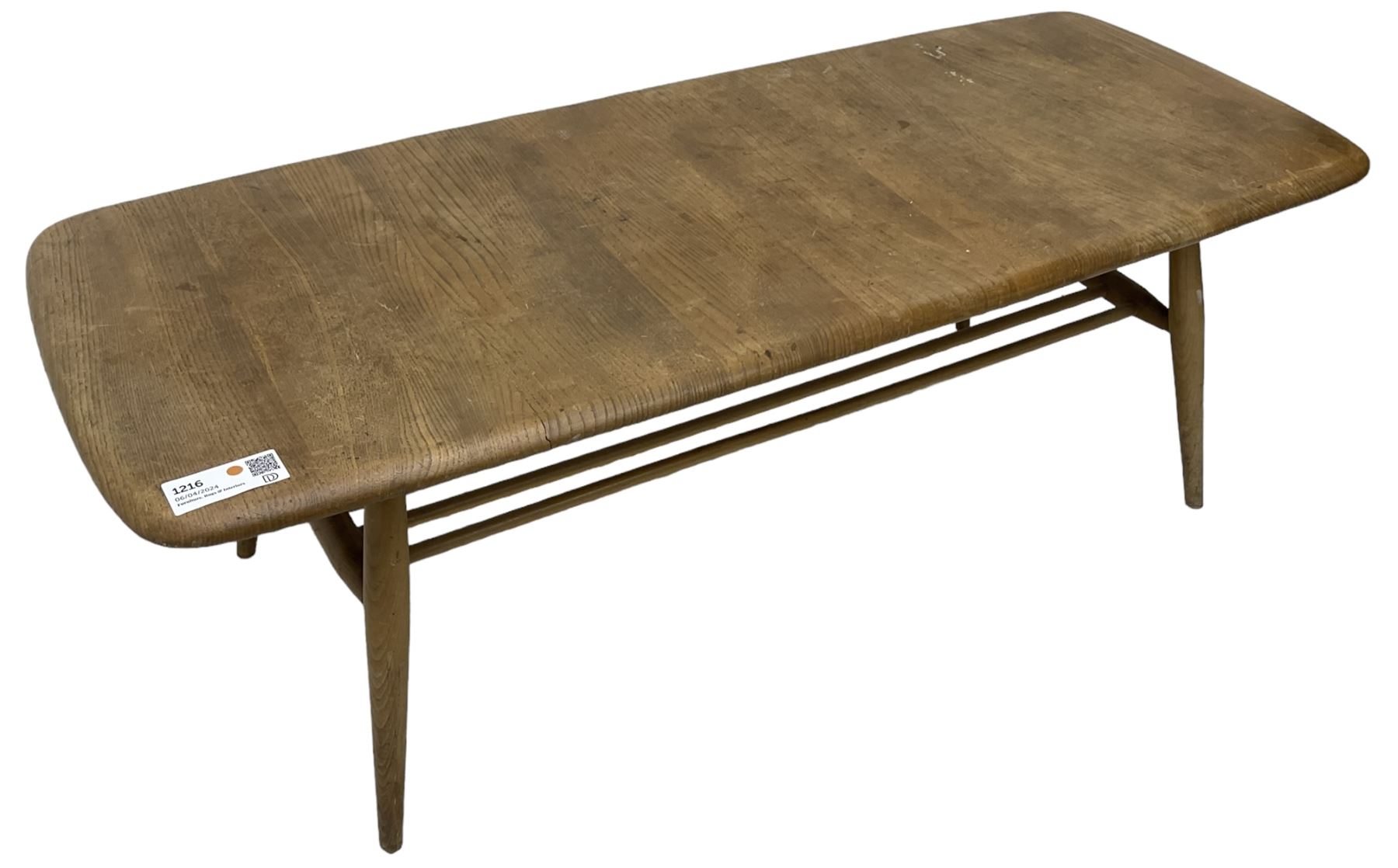 Ercol - mid-20th century blonde elm and beech model 459 coffee table, rectangular top over spindle magazine rack