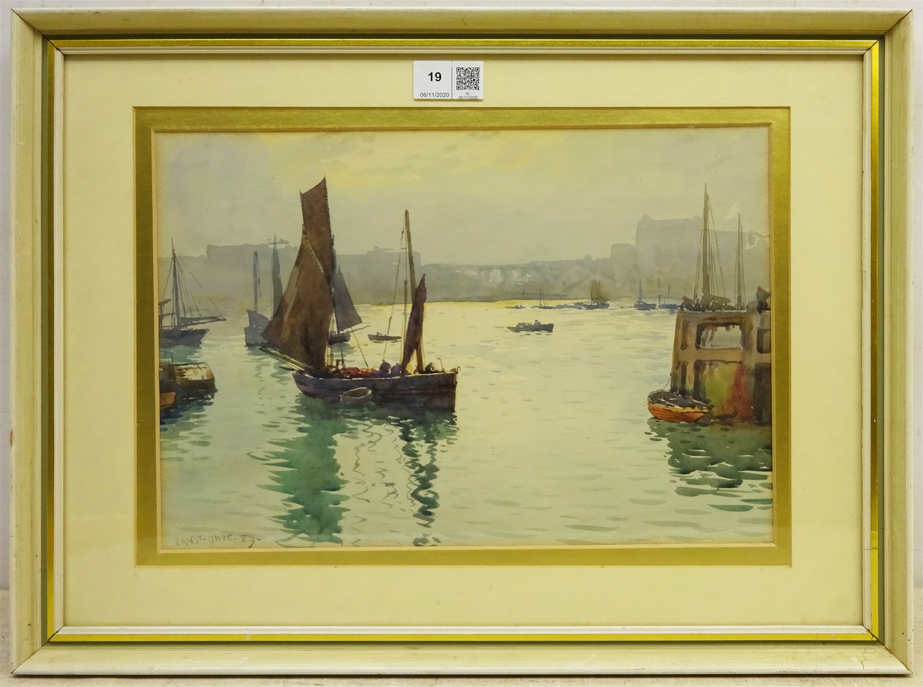 Ernest Dade (Staithes Group 1868-1934): Fishing Boats outside Scarborough Harbour, watercolour signed and dated '89, 23.5cm x 33cm 